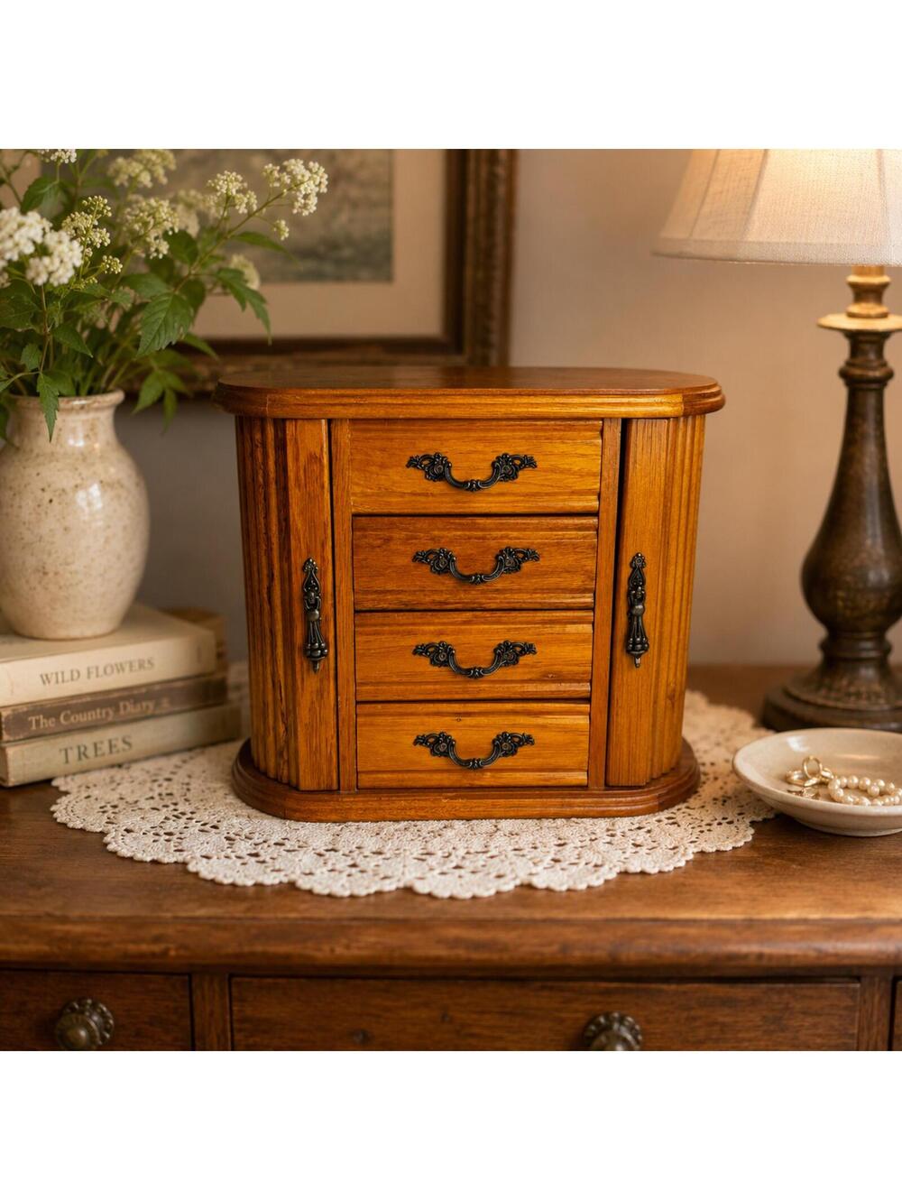 Vintage Wooden Jewelry Box Armoire with Mirror & Drawers
